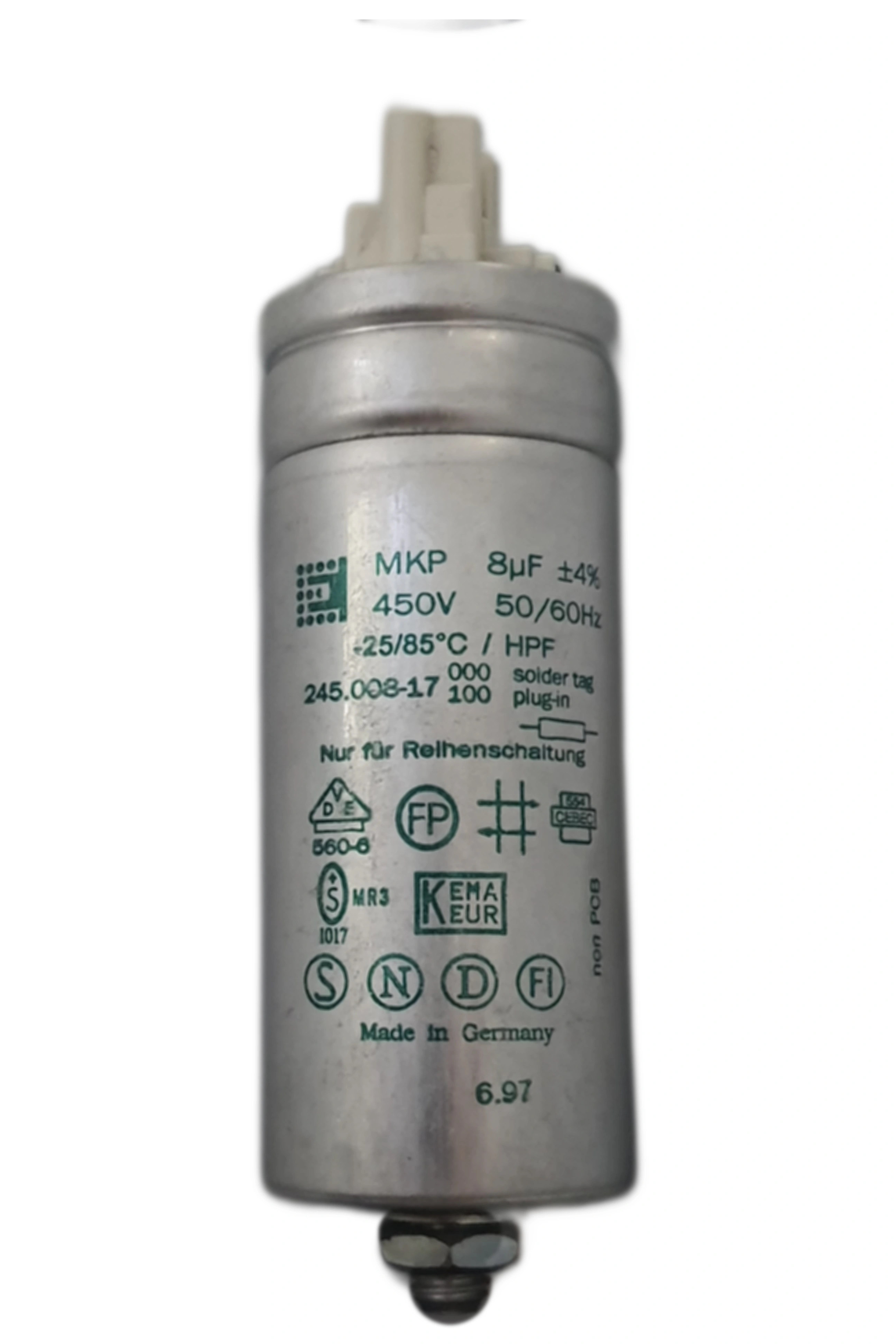 خازن 8 میکروفاراد 450 ولت فلزی سوکتی الکترونیکون